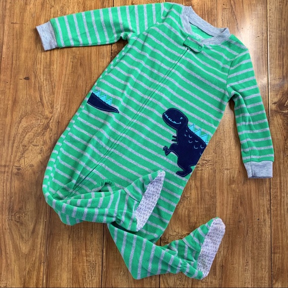 Carter’s Green Dino Striped Fleece Footies PJs - Picture 1 of 3